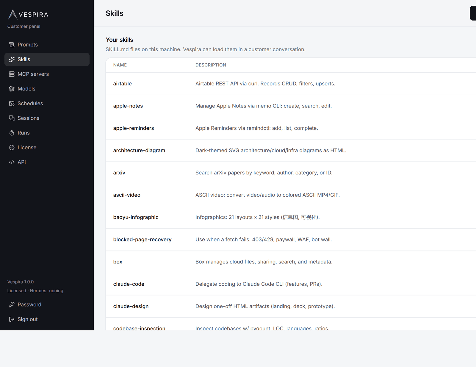 Vespira client, skills
